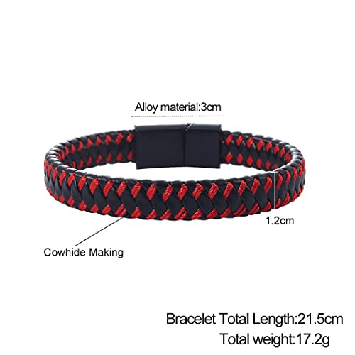 Branets Pulsera de cuero para hombre en rojo, Pulsera unisex de piel de vacuno genuina con cierre magnético tejido para hombres y mujeres