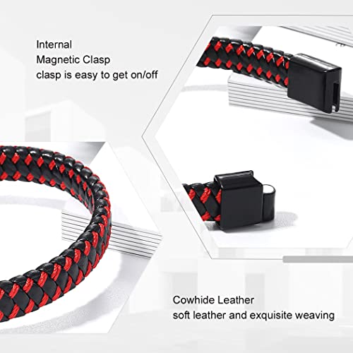 Branets Pulsera de cuero para hombre en rojo, Pulsera unisex de piel de vacuno genuina con cierre magnético tejido para hombres y mujeres