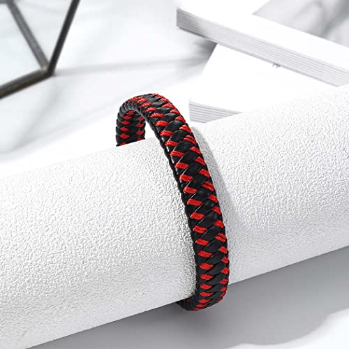 Branets Pulsera de cuero para hombre en rojo, Pulsera unisex de piel de vacuno genuina con cierre magnético tejido para hombres y mujeres