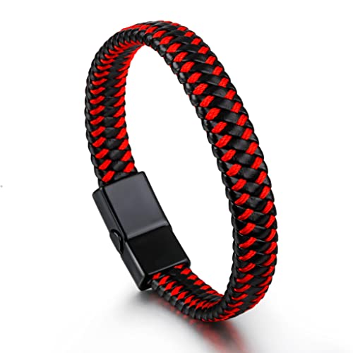 Branets Pulsera de cuero para hombre en rojo, Pulsera unisex de piel de vacuno genuina con cierre magnético tejido para hombres y mujeres