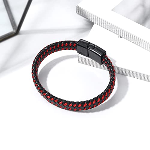 Branets Pulsera de cuero para hombre en rojo, Pulsera unisex de piel de vacuno genuina con cierre magnético tejido para hombres y mujeres