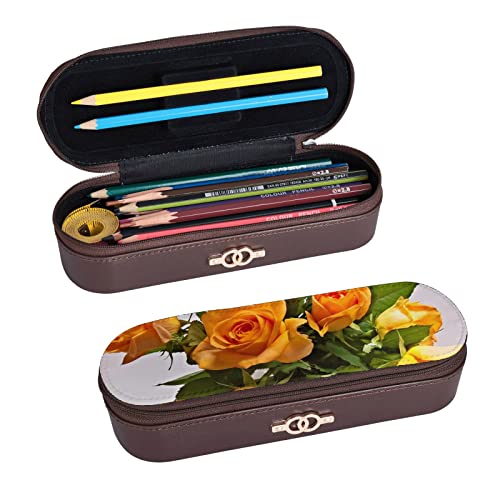 Caja De Lápices Ramo De Rosas Amarillas Rosas Fragantes Flores Grandes Estuche De Lápices con Cremallera Estuche De Lápices Personalizado De Cuero Estuche De Lápices De Arte Multifunción para La Escu