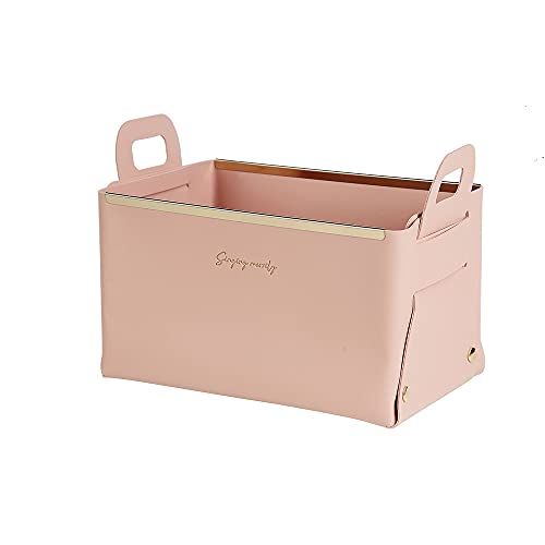 Cajas de almacenamiento de cuero, cesta de almacenamiento plegable, bandeja de escritorio con asa para casa, oficina, organizador para juguetes, libros, revistas (rosa)