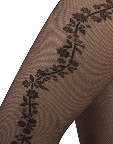 CALZITALY Medias Transparentes con Fantasía Floral | Pantis con Diseño Lateral | Medias Negras | 25 Den | S/M – L/XL | 100% Made in Italy (Negro, S/M)