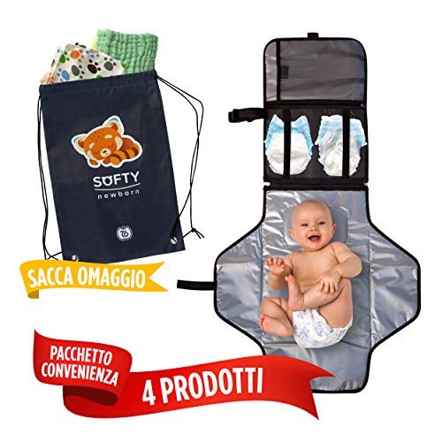 Cambiador portátil plegable Softy Newborn – Kit de viaje completo de 2 baberos y 2 toallitas para bebé de algodón puro – En regalo: exclusiva bolsa de mochila, cómoda y ligera