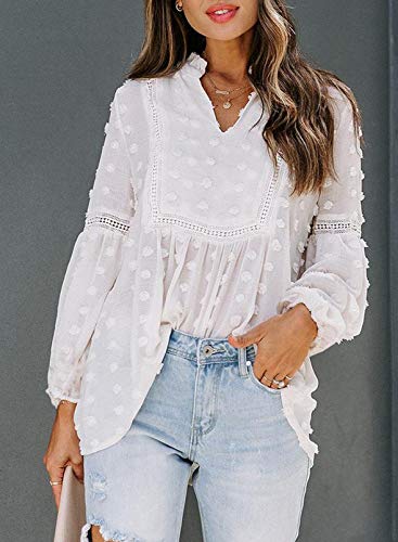 Camisas Blancas con Cuello En V para Mujer, Camisa Informal Elegante De Manga Larga Suelta para Mujer, Blusas De Encaje para Mujer para Otoño Primavera