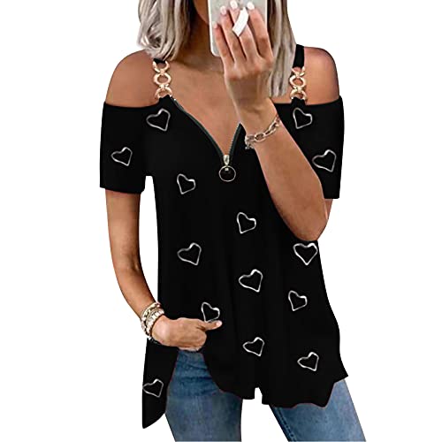 Camisetas de mujer con estampado de corazones: blusa con hombros para mujer, de manga corta, sexy, elegante, de manga corta, tallas grandes, túnica, Negro , XXL