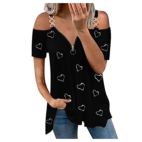 Camisetas de mujer con estampado de corazones: blusa con hombros para mujer, de manga corta, sexy, elegante, de manga corta, tallas grandes, túnica, Negro , XXL