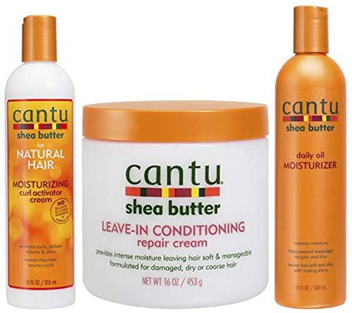 Cantu Crema hidratante de manteca de karité, crema reparadora de rizos, crema reparadora y crema hidratante de aceite diario (juego de 3)