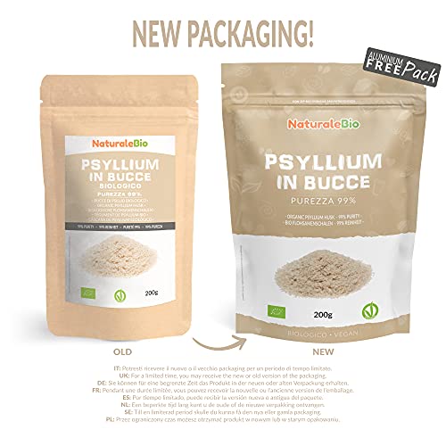 Cáscara de Psyllium Ecológico - 99% Pureza - 200g. Psyllium Husk, Natural y Puro. Cutícula de semillas de Psilio Orgánico, producido en India. Rico en Fibra, para añadir al Agua, Bebidas y Zumos.