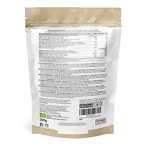 Cáscara de Psyllium Ecológico - 99% Pureza - 200g. Psyllium Husk, Natural y Puro. Cutícula de semillas de Psilio Orgánico, producido en India. Rico en Fibra, para añadir al Agua, Bebidas y Zumos.