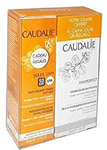 Caudalie - Set de 2 sueros faciales antimanchas Vinoperfect de 30 ml + 2 cremas faciales de protección solar Soleil Divin de 40 ml