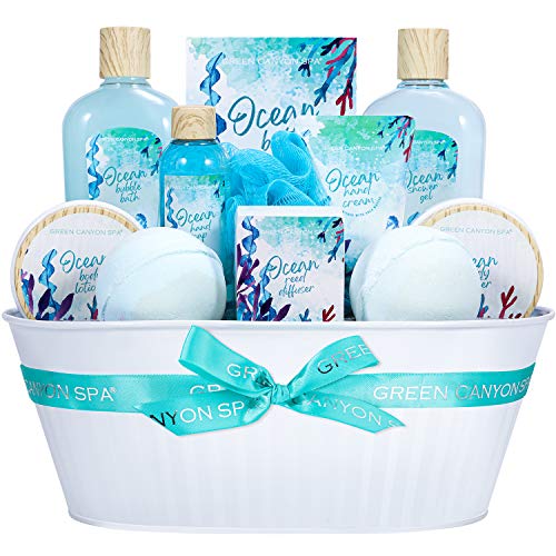 Cestas de Regalo para Mujer, Green Canyon Spa Set de Baño Mujer con 12 Piezas con Aroma Océano Gel de Ducha, Bombas de Baño, Crema de Manos Caja SPA Regalo para Cumpleaño Día de San Valentín Navidad