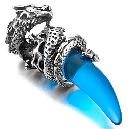 CESUO Acero Inoxidable Colgante Collar Cristal Plata Azul Dragon Lobo Diente Hombre ,Cadena 58cm