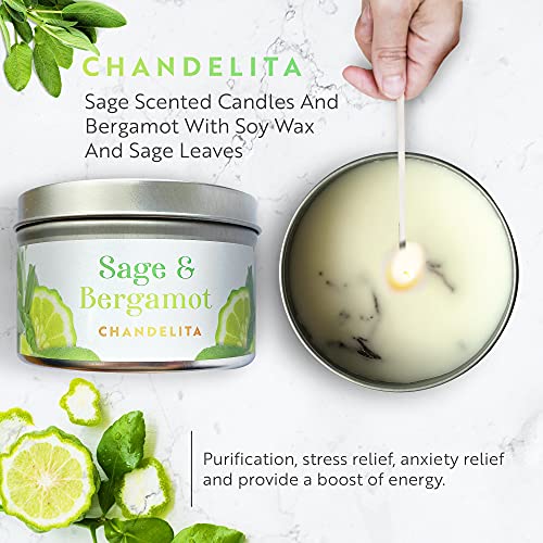 Chandelita Vela Aromática Salvia Y Bergamota con Cera De Soja Y Aceites Esenciales con Hojas De Salvia - Velas Aromáticas - Velas Decorativas - para Relajación, Meditación Y Decoracion Hogar