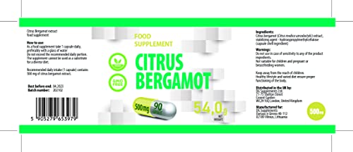 Citrus Bergamot 500mg 90 Capsule Vegan, supporta il metabolismo degli zuccheri nel sangue, integratore ad alta resistenza