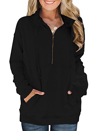 CMTOP Sudadera para Mujer Sin Capucha Pullover Cordón Manga Larga Jersey Sueltos Sweatshirt Color sólido Camiseta Otoño Primavera Mujer Chándal con Cremallera y Bolsillo(Negro,M)