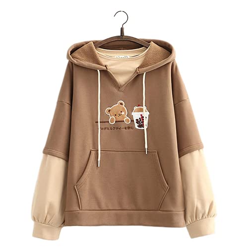 CNBOY Sudadera con Capucha para Adolescentes y niñas, Linda azucarera con Parche de té con Leche, Bordado con Capucha de Dos Piezas más Sudaderas Sueltas de Terciopelo (Marrón, Talla única)