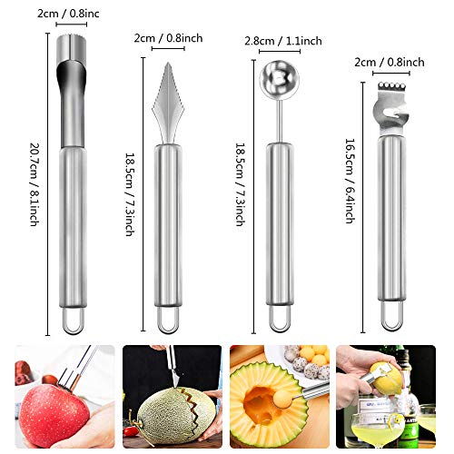 CODIRATO 4 PCS Herramientas para Tallar Frutas 4 en 1 de Acero Inoxidante Cuchillo Tallado de Fruta Cuchara de Excavación Bola Multifuncional Corer de Fruta Casera para Diferentes Frutas