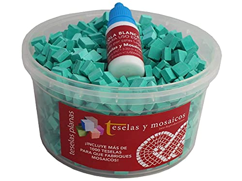 Cubo 1000 teselas verdes para mosaico planas de 7,5x7,5x3 mm. + regalo cola blanca uso escolar