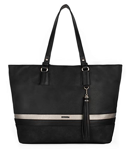 David Jones - Bolso de Hombro Grande Mujer - Tote Shopper Gran Capacidad Lona Suave Cuero PU Rayas - Bolsos de Mano Asa Larga Señora - Totalizador Casual Viaje Trabajo Escuela Diario Vida - Negro