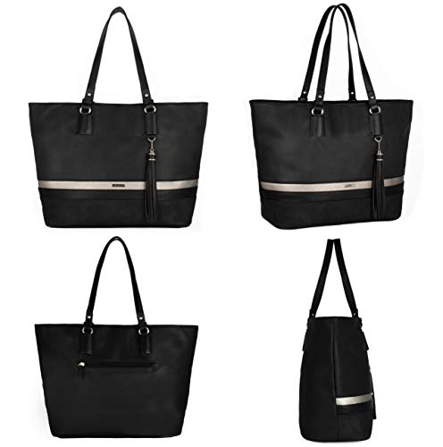 David Jones - Bolso de Hombro Grande Mujer - Tote Shopper Gran Capacidad Lona Suave Cuero PU Rayas - Bolsos de Mano Asa Larga Señora - Totalizador Casual Viaje Trabajo Escuela Diario Vida - Negro