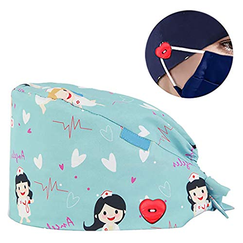 ddfb Mujeres Gorros Sombreros Gorro de Lactancia con botón Sombrero Turbantede Trabajo Impresión de Dibujos Animados Unisex Cap Mantener el Cabello Limpio Suave y Transpirable (A)