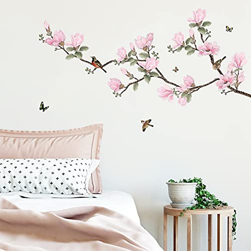 decalmile Pegatinas de Pared Flores Magnolia Rosa Vinilos Decorativos Aves en Rama Adhesivos Pared Salón Dormitorio Salón Comedor