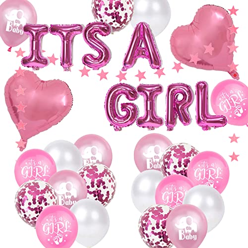 Decoración para fiesta de bebé para niña, globo rosa con estrella rosa con corazón, pelota, elefante, niña, huella de pie, globos rosados para bautizo, decoración de cumpleaños para niñas (niña)