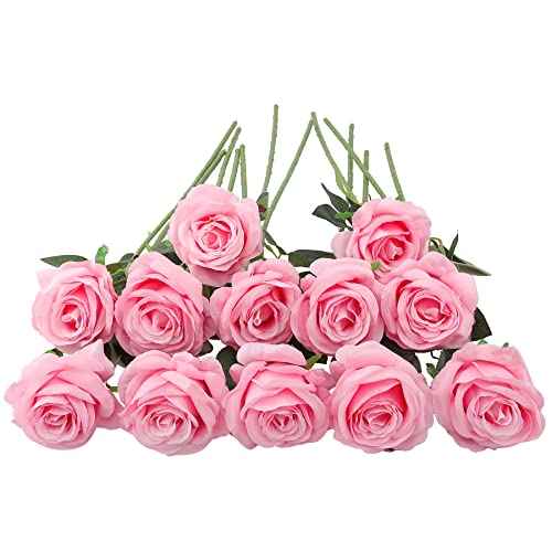 Decpro 12 Piezas de Rosas Artificiales, Flor de Seda de un Solo Tallo Largo de 19.7'' para Ramos de Novia, decoración de Hotel de Oficina, centros de Mesa, arreglos Florales(Rosado)