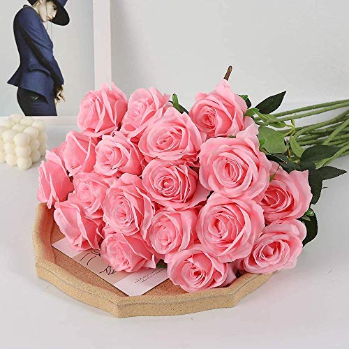 Decpro 12 Piezas de Rosas Artificiales, Flor de Seda de un Solo Tallo Largo de 19.7'' para Ramos de Novia, decoración de Hotel de Oficina, centros de Mesa, arreglos Florales(Rosado)