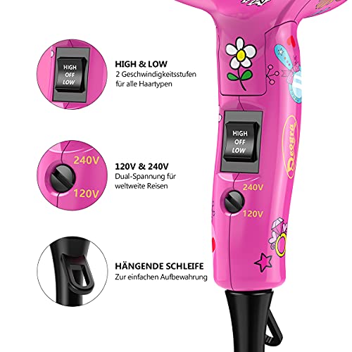 Deogra - Secador de pelo para niños, 1000 W, plegable, doble tensión, con difusor para rizos, portátil, color rosa