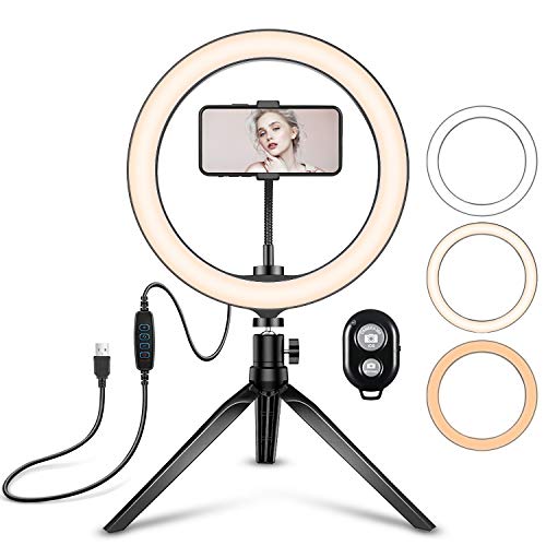 Diyife Anillo de Luz, 10'' de Escritorio Aro de Luz con Trípode Soporte para Teléfono Control Remoto, 3 Colores 11 Brillos para Video, Fotografía, Youtube, Facebook, Transmisión en Vivo, Maquillaje.