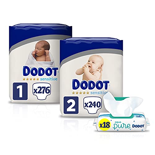 Dodot Pañales Bebé Sensitive Talla 1 (2-5 kg), 276 Pañales + Talla 2 (4-8 kg), 240 Pañales + Toallitas Aqua Pure, 18 Paquetes (18x48), Máxima Protección de la Piel de Dodot