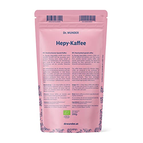 Dra. Wunder® Café Hepy 250g: Café desintoxicante orgánico verde/dorado especialmente para el enema de café para la limpieza del hígado | alto contenido de cafeína y ácido palmítico