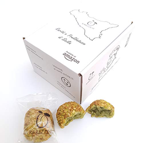 Dulces de almendras sicilanas con pistacho triturado por encima, en un bonito estuche regalo (gr.400). RAREZZE: productos típicos, pasta de almendra, cassate, de pastelería artesanal siciliano