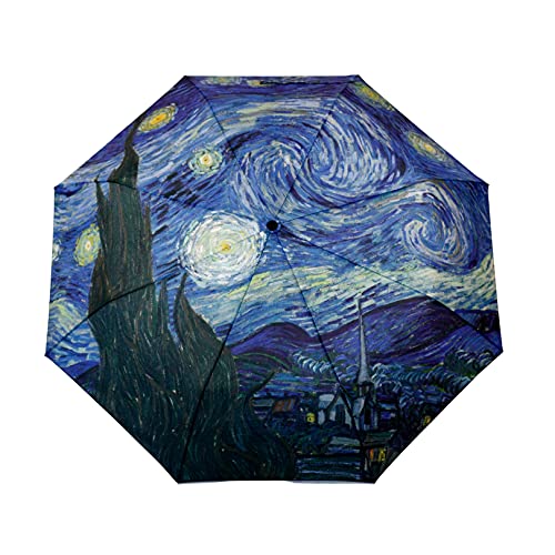 Ecozz Paraguas de bolsillo – Starry Night – Vincent Van Gogh – Resistente al viento – Automático – Estable – Ligero – Compacto – Arte – RPET – Paraguas – Mango suave – Mujer – Hombre – Paraguas