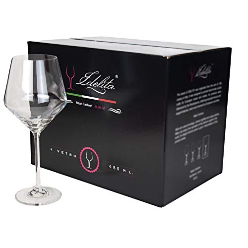 EDELITA Copas de Vino Tipo Borgoña, 450 ml, Juego de 6, Copas Especiales para Vino Tinto, sin Plomo, Copas para Vino Tinto Tipo balón con Mucho Estilo Que caracteriza.