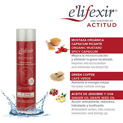 Elifexir - Aceite Seco Spicyslim | Rápida Absorción | Quemagrasas Potente | Elimina la Grasa Localizada en Zonas Rebeldes | Resultados Visibles en 7 Días | Mostaza Orgánica y Capsicum Picante - 150 ml