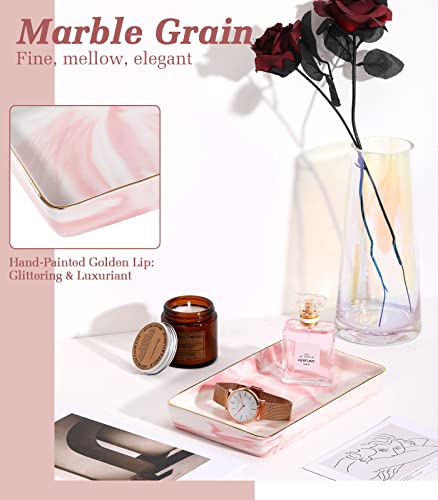 Emibele Bandeja Decorativa para Joyería, Bandeja Elegante de Cerámica con Borde Dorado para Guardar Joyas Perfume Cosméticos y Postre, Organizador Multifuncional para Tocador Baño, Ink Rosa