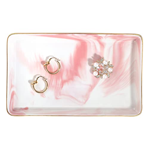 Emibele Bandeja Decorativa para Joyería, Bandeja Elegante de Cerámica con Borde Dorado para Guardar Joyas Perfume Cosméticos y Postre, Organizador Multifuncional para Tocador Baño, Ink Rosa