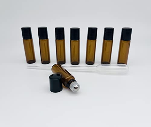 Envase roll on rellenable -Bote aceites esenciales- Botellas roll on de vidrio color ámbar- Botellitas de cristal -8 Unidades -Roll on 5ml-Con cuentagotas de plástico