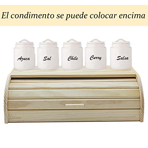 e!Orion Panera de Madera Natural con Tapa Enrollable, Panera o Recipiente de Comida Seca para Almacenamiento de Cocina (48 x 25 x 15 cm)