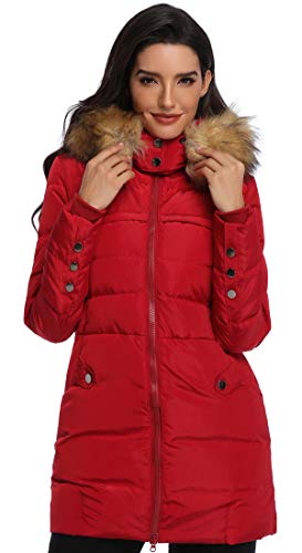 Epsion Parka de plumón largo con capucha para mujer - Rojo - Large