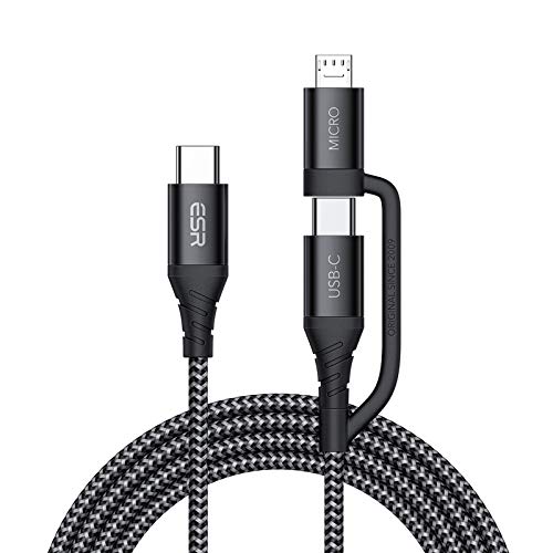 ESR 2 en 1 Multi Cable de Carga, 1 M Cable USB TipoC + Micro USB de Nylon Trenzado para Carga Rápida para Galaxy S21/S21 Ultra/S20/S10/S9/Note 20, iPad Air 4/iPad Pro, MacBook, Huawei P30/P20, Negro