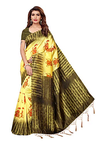 ETHNICMODE Indian Women's Art Silk Fabrics Multi-Colored Printed Sari with Blouse Piece (Fabric) NAGMAA HATHI Lemon