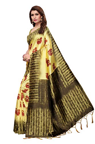 ETHNICMODE Indian Women's Art Silk Fabrics Multi-Colored Printed Sari with Blouse Piece (Fabric) NAGMAA Lemon