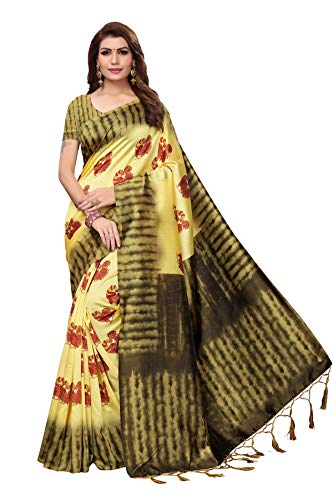 ETHNICMODE Indian Women's Art Silk Fabrics Multi-Colored Printed Sari with Blouse Piece (Fabric) NAGMAA Lemon