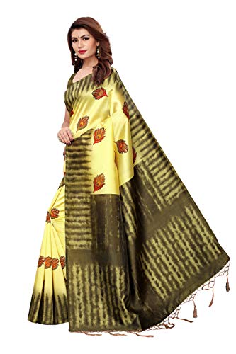 ETHNICMODE Indian Women's Art Silk Fabrics Multi-Colored Printed Sari with Blouse Piece (Fabric) NAGMAA PANKH Lemon