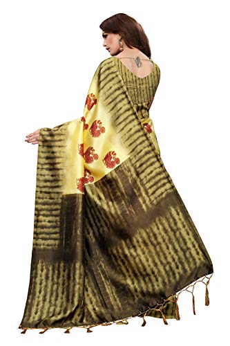 ETHNICMODE Indian Women's Art Silk Kalamkari and Bhagalpuri Style Sari with Blouse Piece NAGMAA Lemon